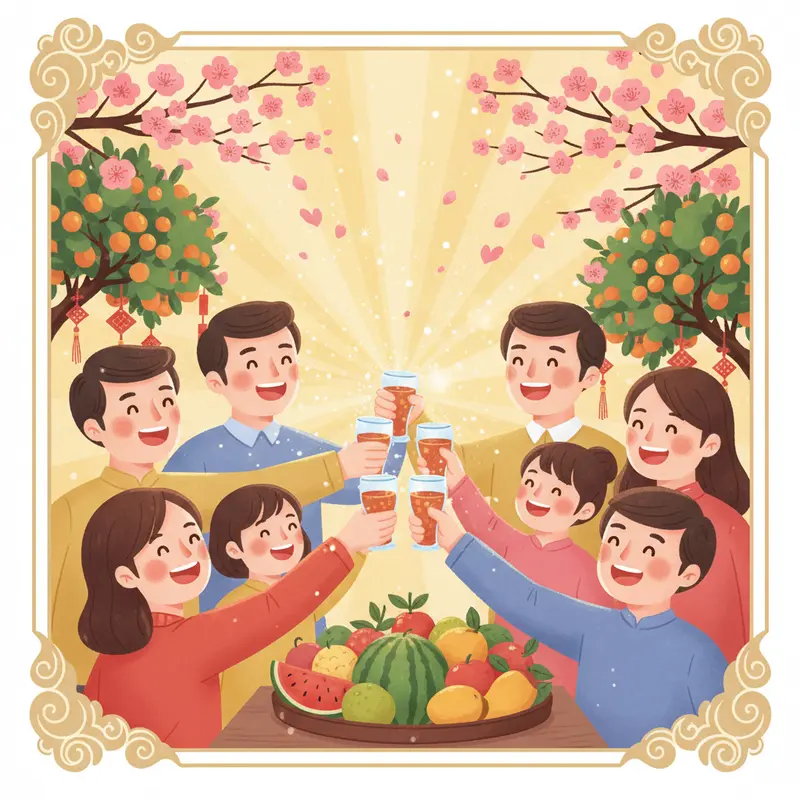 Gia đình nhiều thế hệ chuẩn bị sum họp Tết, tỏa sáng niềm vui và cởi mở.