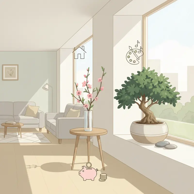 Cành Đào mini và chậu Tiên Ông tạo điểm nhấn rực rỡ cho phòng khách ngày Tết.