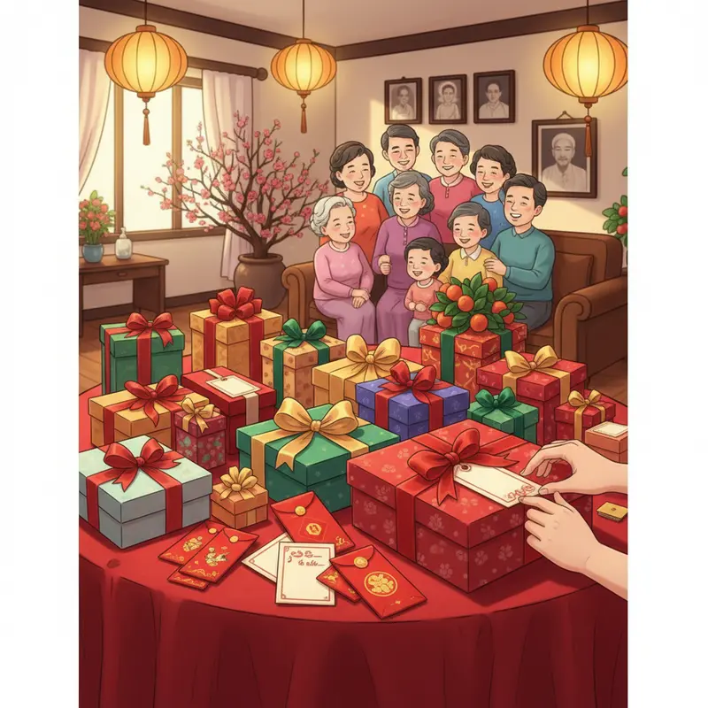 Một bàn làm việc với sổ tay lập kế hoạch và những món quà Tết truyền thống.