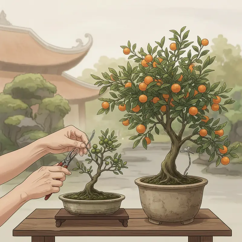 Quất chậu phát triển tự nhiên và Quất bonsai được uốn nghệ thuật ngày Tết.