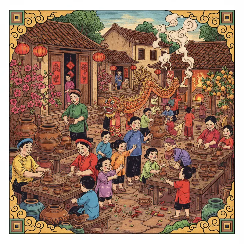 Không khí nhộn nhịp tại làng gốm Bát Tràng dịp Tết với hoạt động nặn và vẽ gốm.