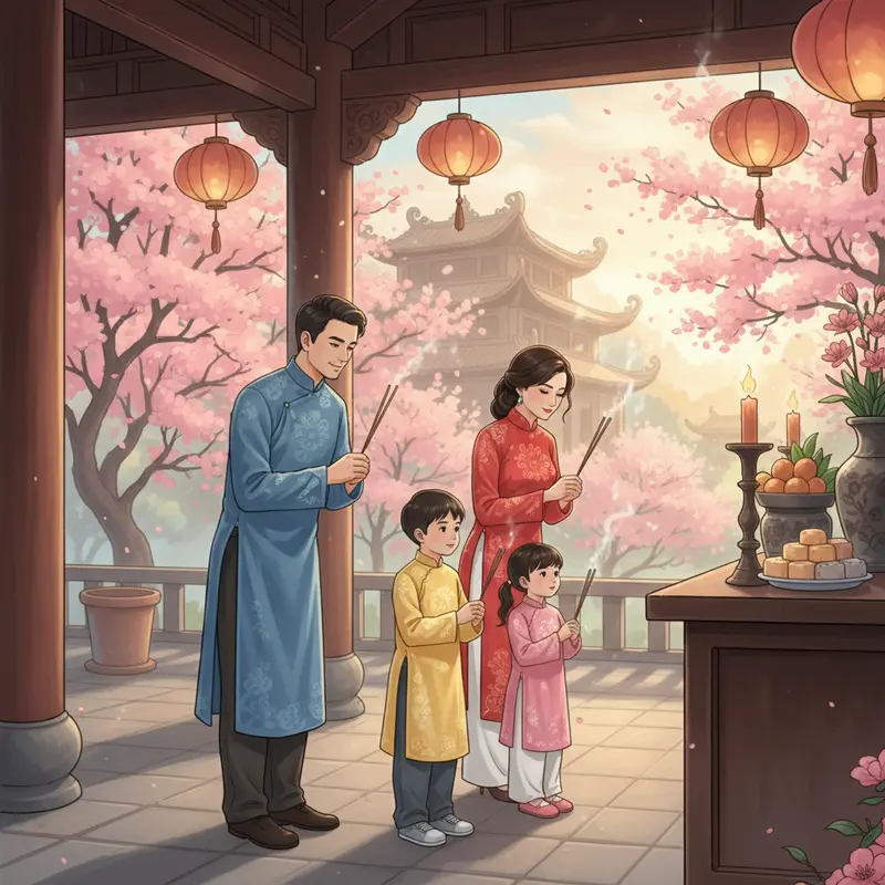 Gia đình đi lễ chùa đầu năm cầu phúc lộc, bình an.