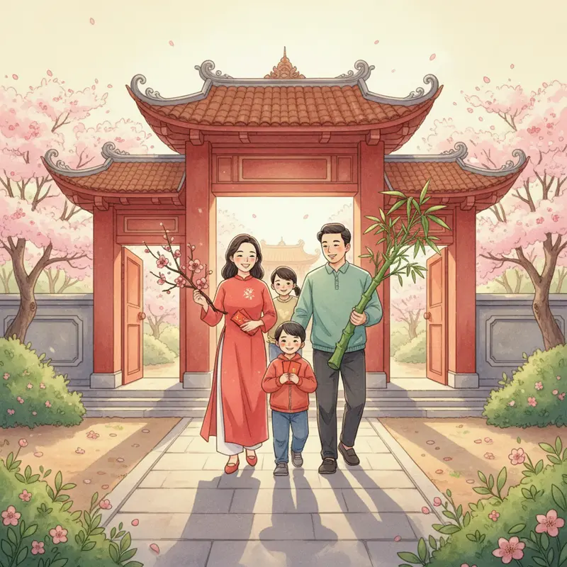 Hình ảnh người Việt mặc áo dài đi lễ chùa sáng mùng 1, không khí trang nghiêm và quây quần.