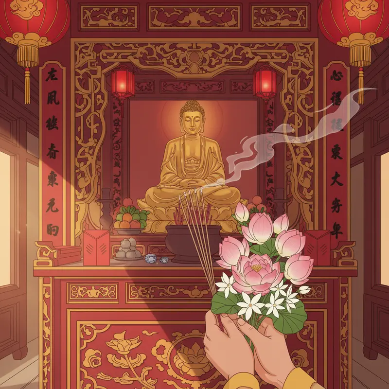 Hình ảnh người Việt mặc áo dài đi lễ chùa sáng mùng 1, không khí trang nghiêm và quây quần.