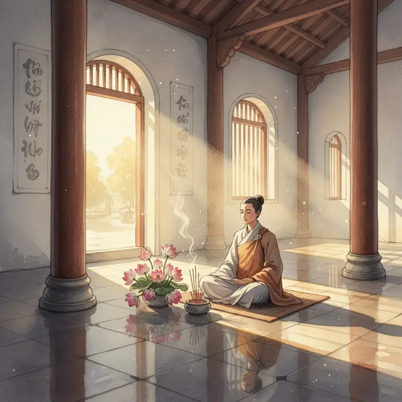 Hình ảnh người Việt mặc áo dài đi lễ chùa sáng mùng 1, không khí trang nghiêm và quây quần.