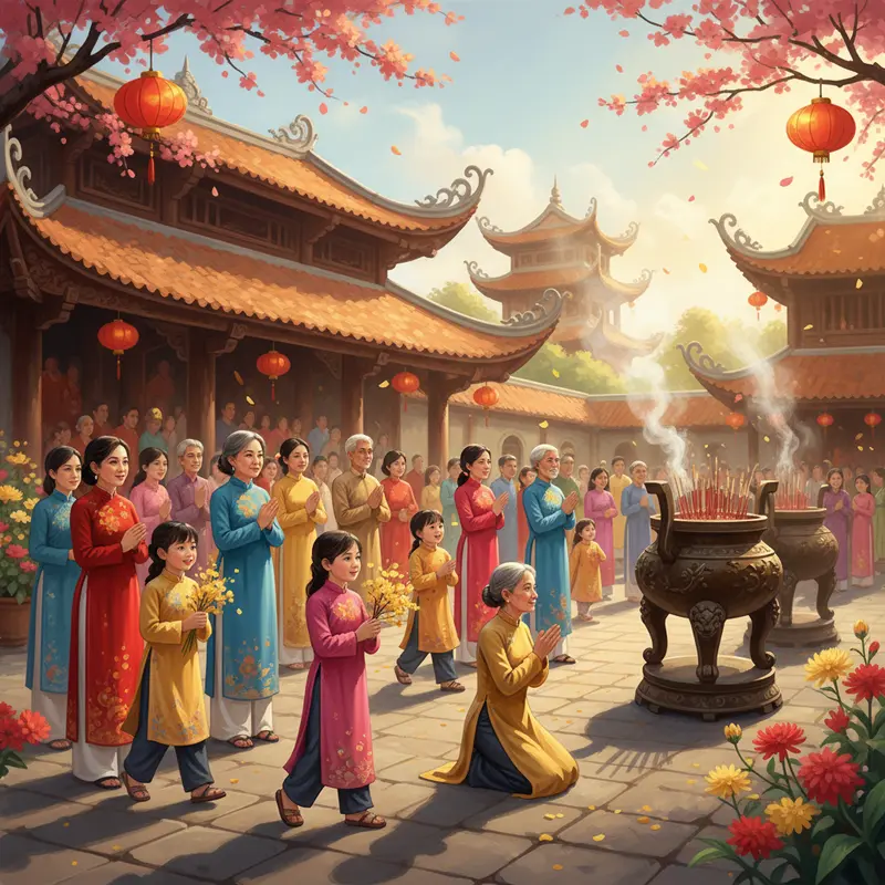 Hình ảnh người Việt mặc áo dài đi lễ chùa sáng mùng 1, không khí trang nghiêm và quây quần.