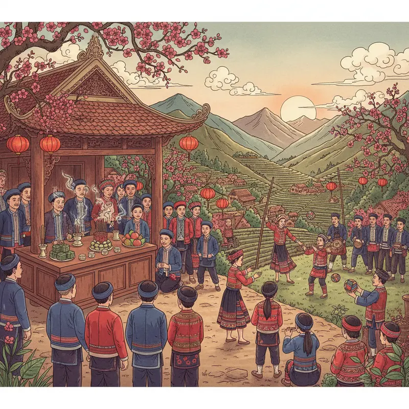 Cảnh xuân rực rỡ, bản làng thức giấc giữa sắc hoa đào và hoa mận nở bung.