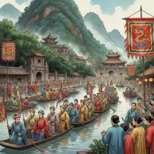 Dòng người trảy hội đầu năm trên suối Yến hướng về chùa Hương giữa khung cảnh núi rừng xanh tươi.