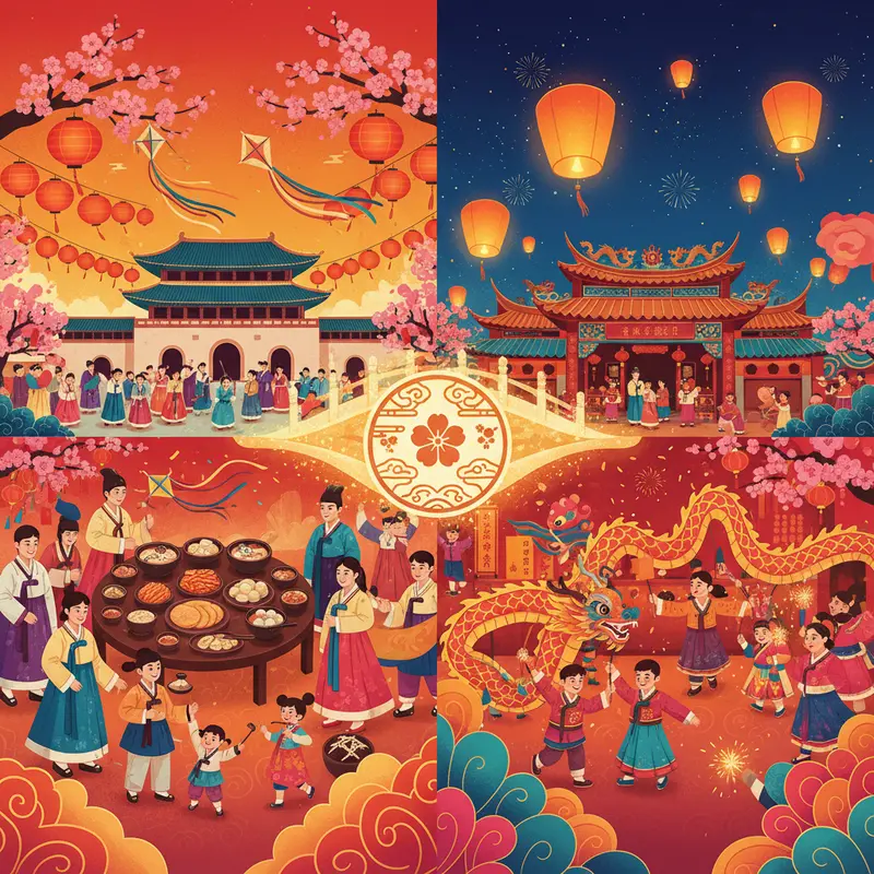 Ảnh quang cảnh lễ hội Tết ở Hàn Quốc và Đài Loan với gia đình sum họp, trang phục truyền thống và cảnh sắc rực rỡ.