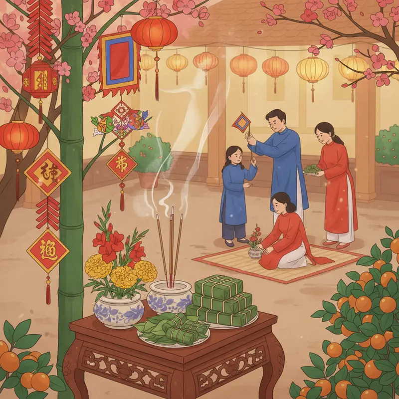 Hình ảnh cây nêu được dựng trang trọng trước sân nhà trong dịp Tết, biểu tượng xua đuổi tà ma.