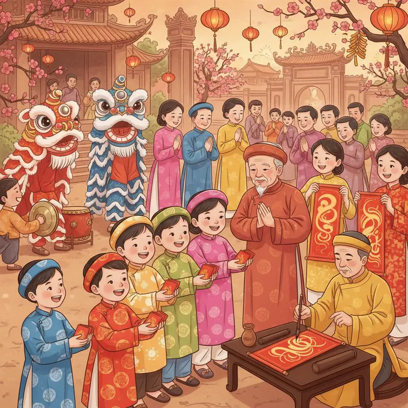 Gia đình sum họp bên bàn thờ tổ tiên, không khí Tết ấm cúng.