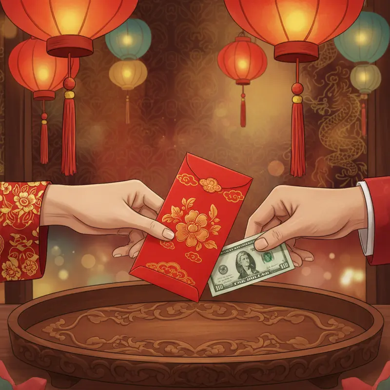 Hình ảnh tượng trưng cho việc tặng lì xì và gửi tiền tip trong dịp Tết Nguyên Đán.