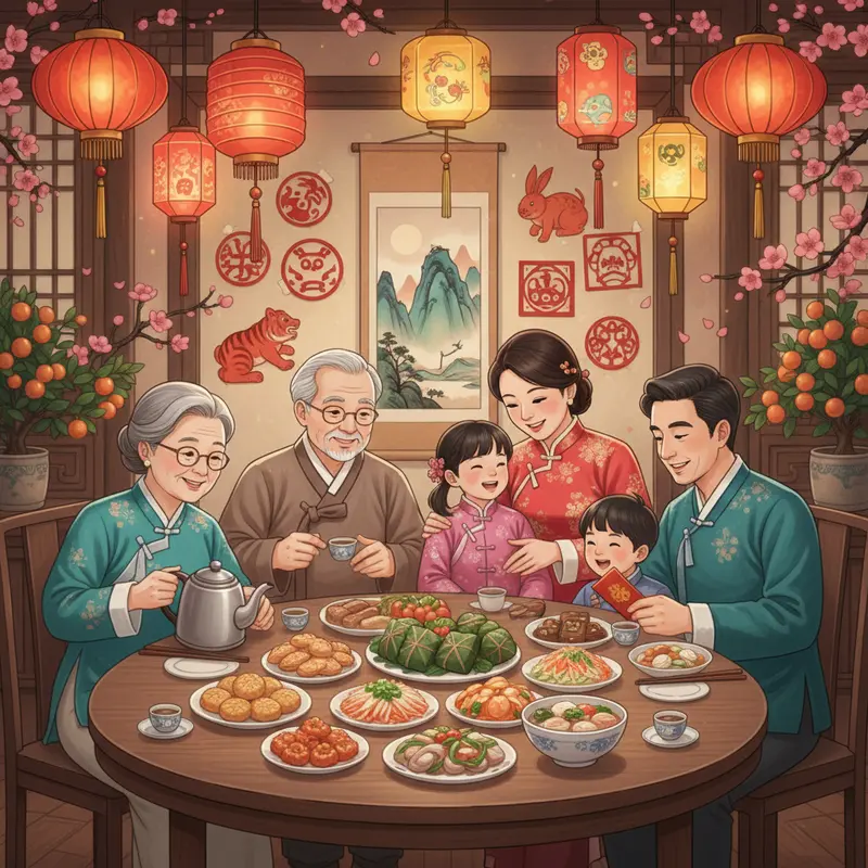 Các thế hệ quây quần dịp Tết Âm lịch, thể hiện ý nghĩa đoàn viên.