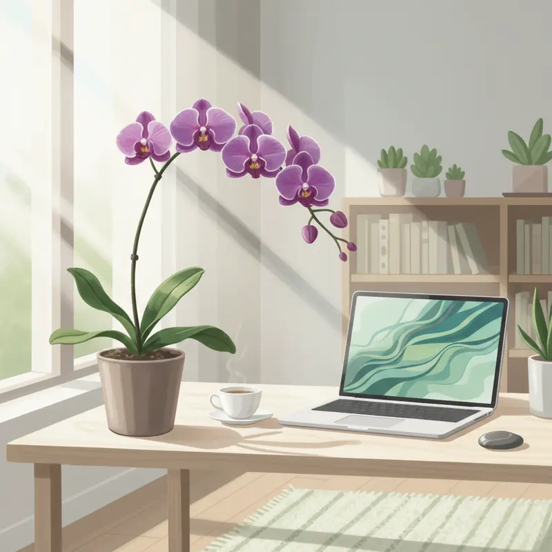 Cận cảnh lan hồ điệp tím trong không gian nội thất hiện đại.