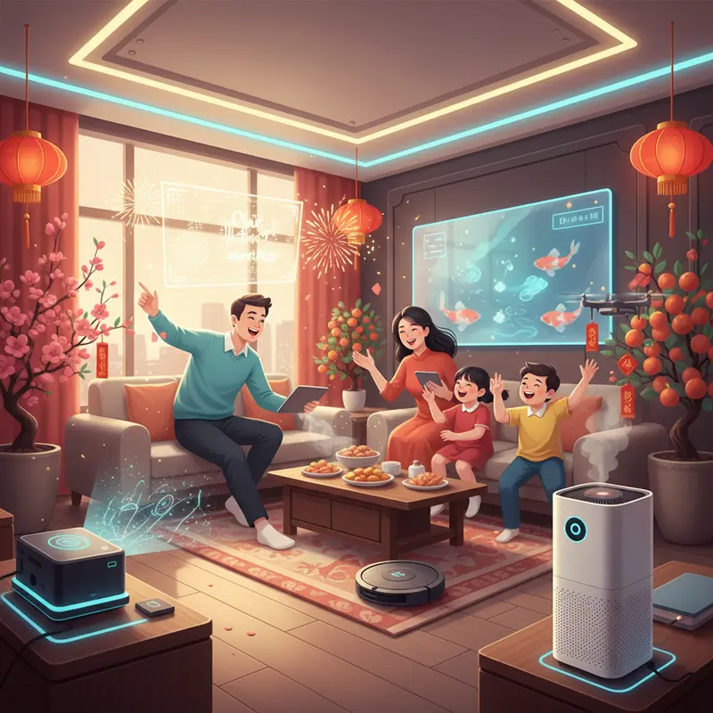 Giỏ quà Tết 2026 tích hợp các thiết bị công nghệ và smart home.