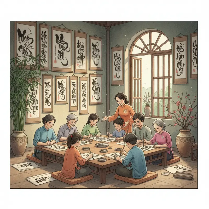 Bàn viết thư pháp truyền thống với giấy đỏ và bút lông trong không khí mùa xuân.