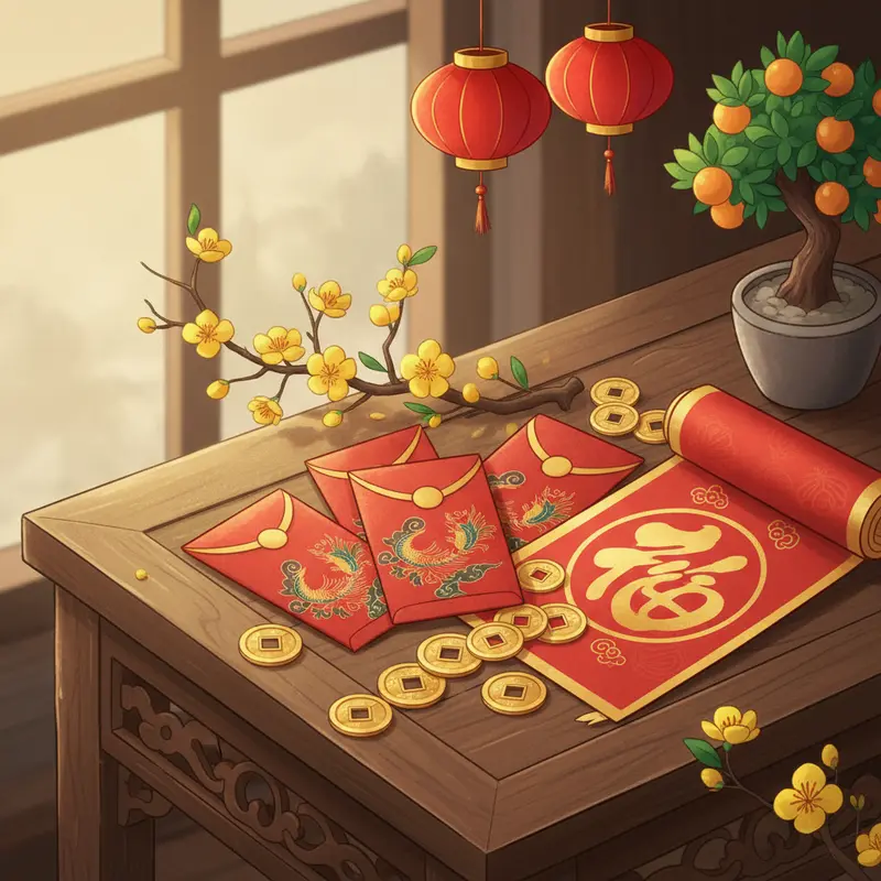 Không gian gia đình Việt trang hoàng ngày Tết, bình yên và không có cảnh quét dọn.