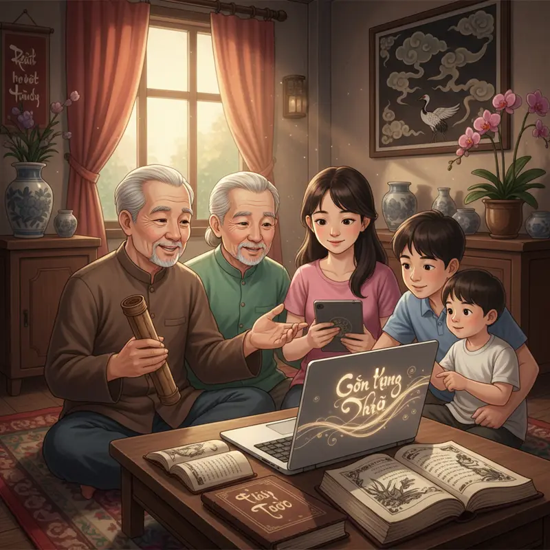 Bàn thờ gia tiên với lễ vật truyền thống và không gian thiêng liêng.