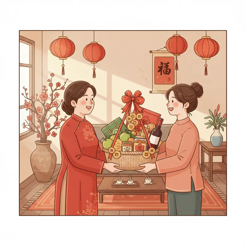 Giỏ quà Tết truyền thống đa dạng, mang ý nghĩa sum vầy và may mắn.