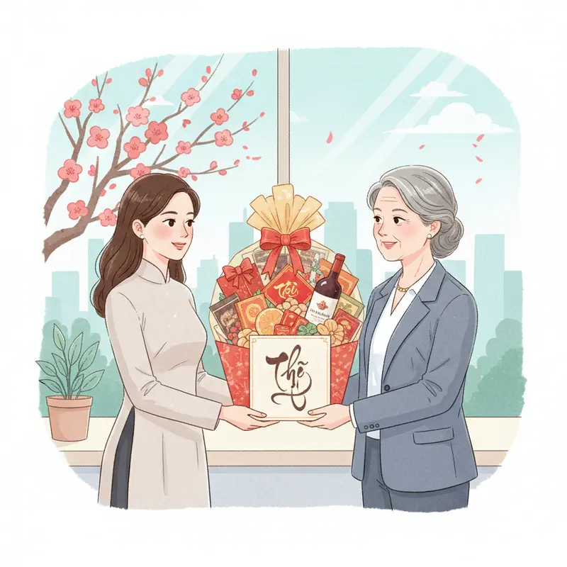 Giỏ quà Tết sang trọng trên bàn làm việc của sếp nữ, tạo không khí ấm áp ngày đầu xuân.