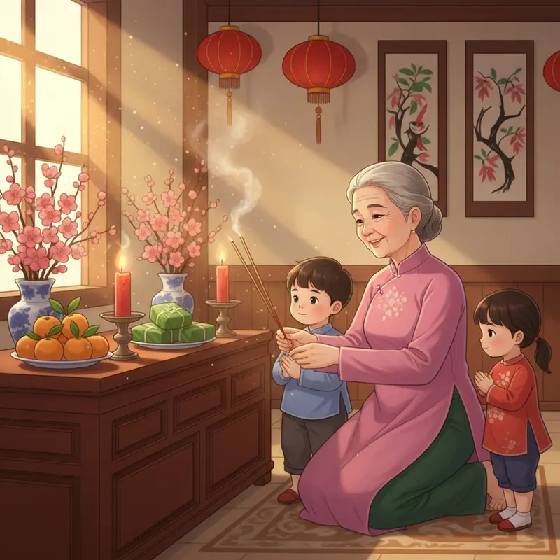 Bàn thờ gia đình ngày Tết với đầy đủ hoa đào, lễ vật và khói hương nghi ngút.