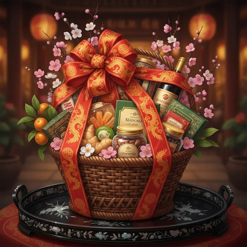 Giỏ quà Tết mang giá trị gắn kết và lời chúc đầu năm.