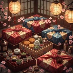 Bộ hộp quà Tết với bánh, trà, đồ thủ công, thực phẩm, bọc kiểu Nhật Hàn, hoa anh đào.