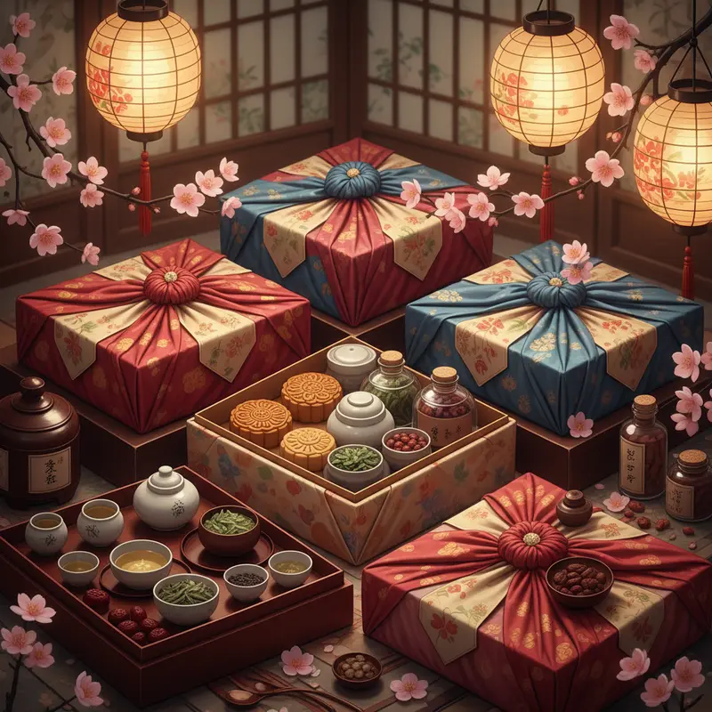 Bộ hộp quà Tết với bánh, trà, đồ thủ công, thực phẩm, bọc kiểu Nhật Hàn, hoa anh đào.