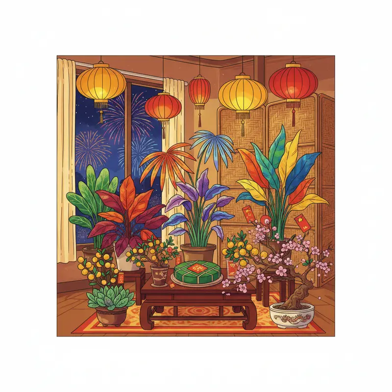 Sắc màu nổi bật của cây lá màu và cây nhập khẩu làm nên điểm nhấn sang trọng cho không gian Tết.