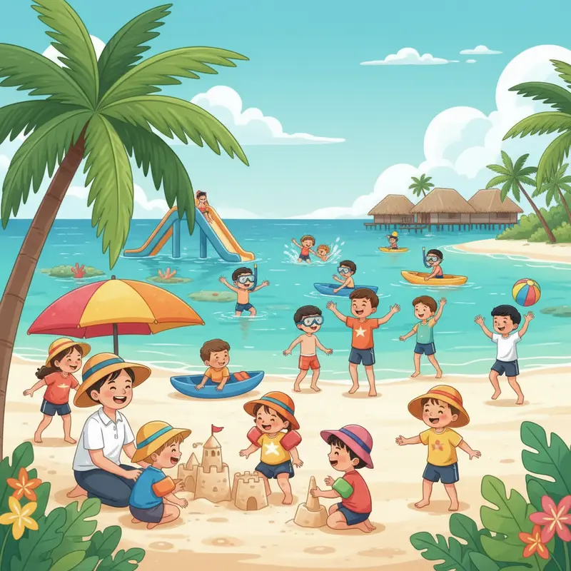 Gia đình cùng trẻ nhỏ vui chơi tại resort Maldives bên bãi biển tuyệt đẹp.