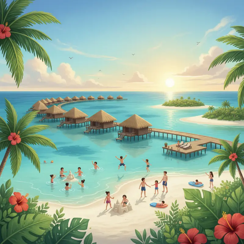 Gia đình cùng trẻ nhỏ vui chơi tại resort Maldives bên bãi biển tuyệt đẹp.