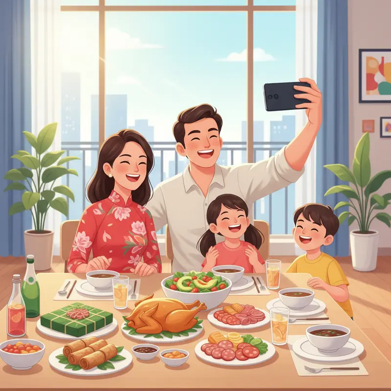 Mâm cỗ Tết là biểu tượng của sự sum vầy và lòng biết ơn tổ tiên.