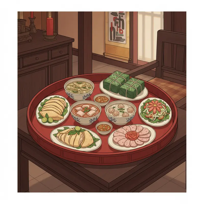 Mâm cỗ Tết là biểu tượng của sự sum vầy và lòng biết ơn tổ tiên.