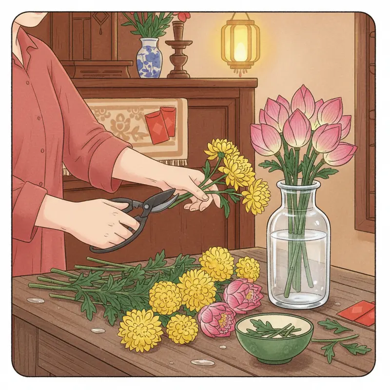 Bàn thờ tổ tiên được trang trí hoa tươi ngày Tết