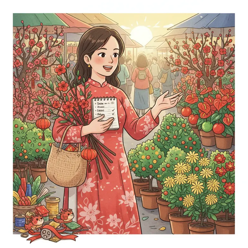 Cành Đào mini và chậu Tiên Ông tạo điểm nhấn rực rỡ cho phòng khách ngày Tết.