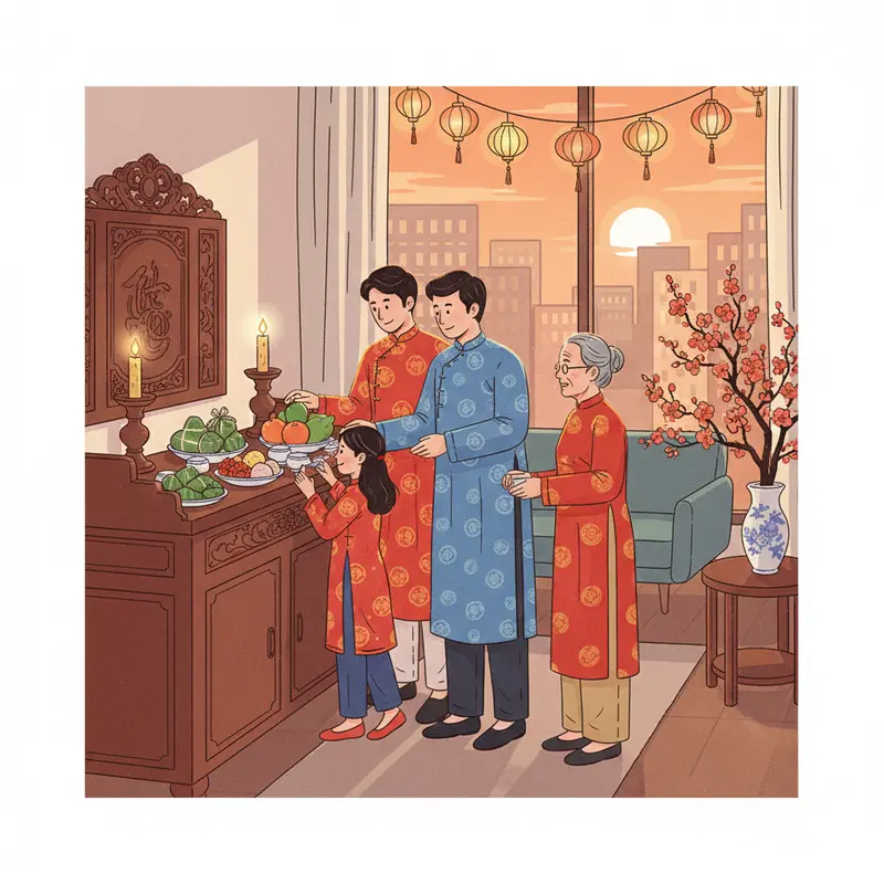 Gia đình Việt đoàn viên trong không khí Tết Nguyên đán truyền thống.