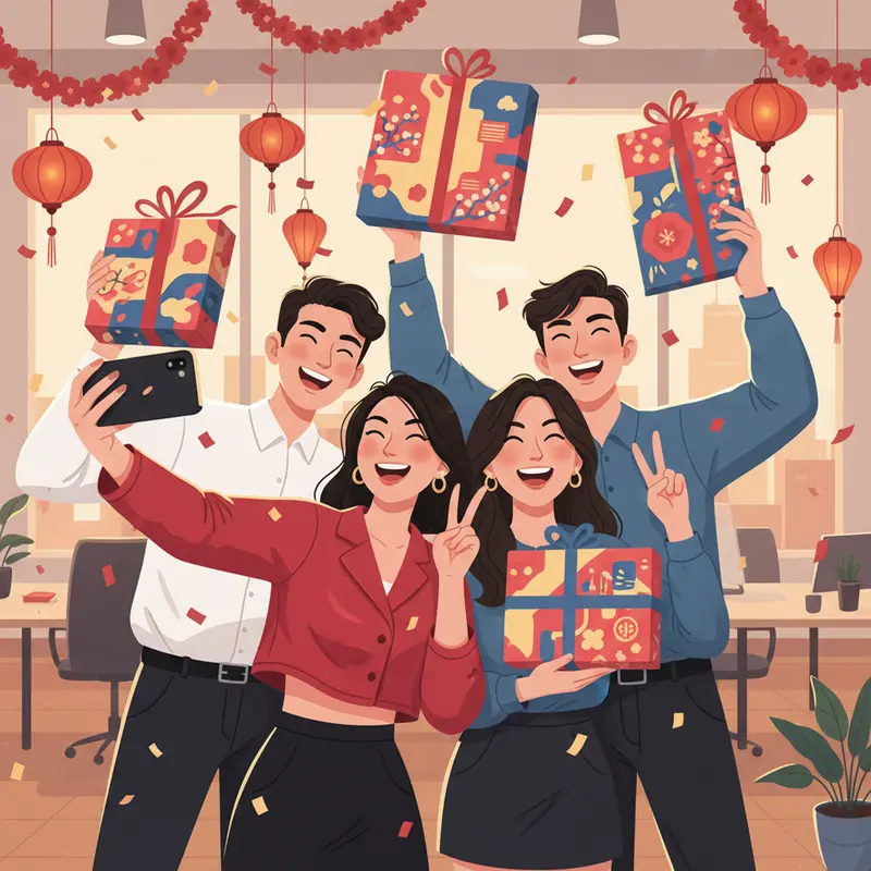 Các bạn trẻ Gen Z cùng tạo dáng selfie với hộp quà Tết sáng tạo tại văn phòng hiện đại, không khí náo nhiệt và trẻ trung.