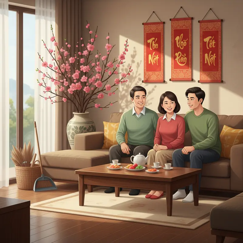 Không gian gia đình Việt trang hoàng ngày Tết, bình yên và không có cảnh quét dọn.