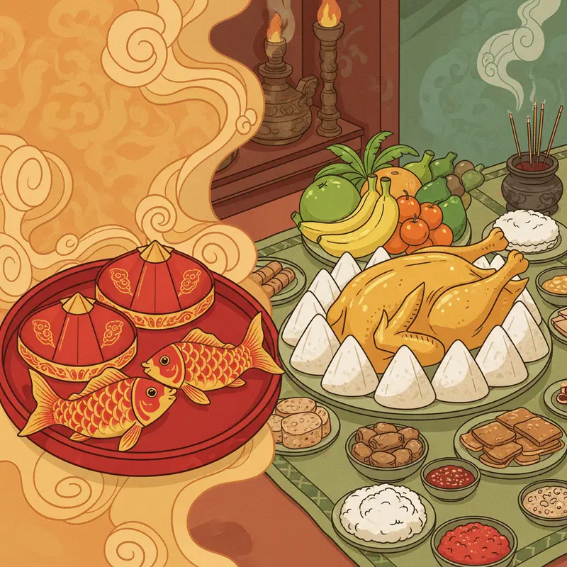 Ban thờ truyền thống với hình tượng Ông Táo và mâm cúng Tất Niên trong không gian ấm áp.