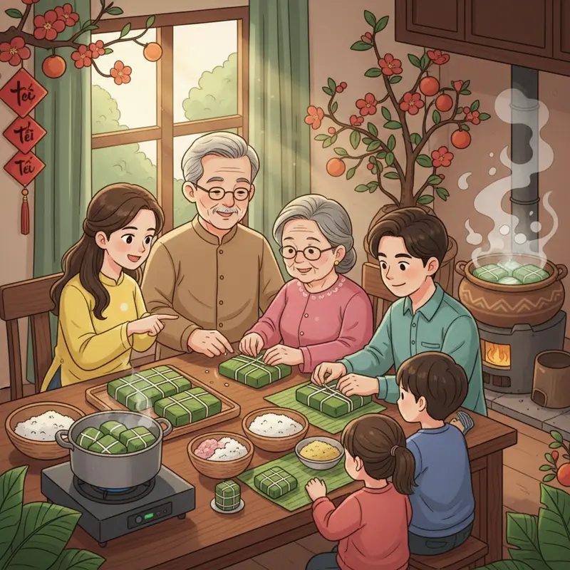 Bánh chưng được luộc trên bếp củi truyền thống, tỏa khói và giữ hương vị đặc trưng ngày Tết.