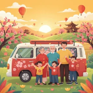 Gia đình nhiều thế hệ vui vẻ du lịch bên xe và phong cảnh mùa xuân, tràn đầy hạnh phúc.