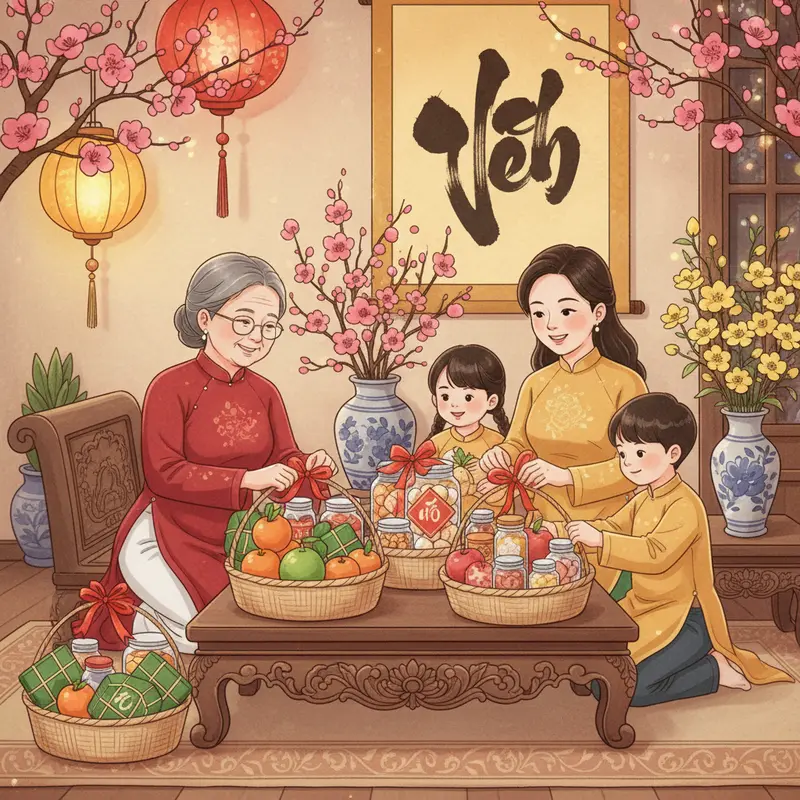 Quá trình chuẩn bị giỏ quà Tết truyền thống trong gia đình Việt.