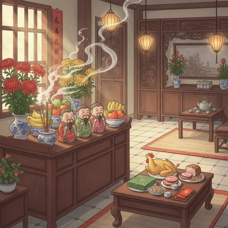 Ban thờ truyền thống với hình tượng Ông Táo và mâm cúng Tất Niên trong không gian ấm áp.