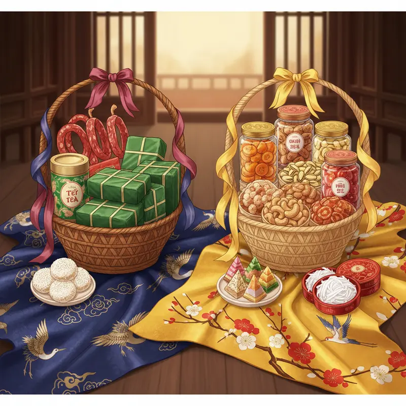 Giỏ quà Tết truyền thống với nhiều loại quà đặc trưng, biểu tượng của sự đoàn viên.