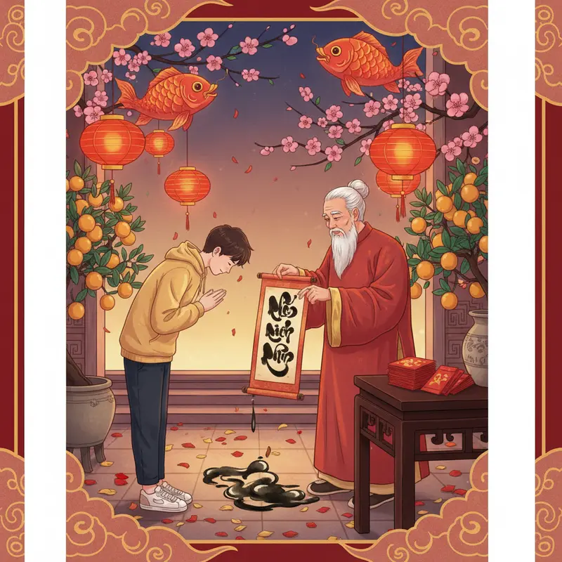 Ông đồ viết thư pháp tại phiên chợ Tết truyền thống.