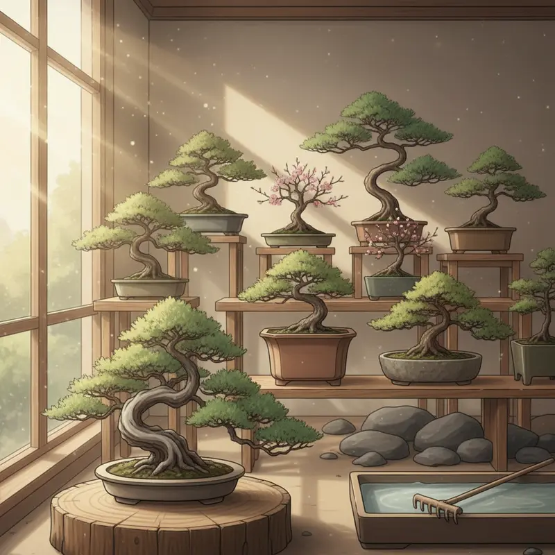 Không gian bonsai hài hòa mang sắc thái thiên nhiên và nghệ thuật.