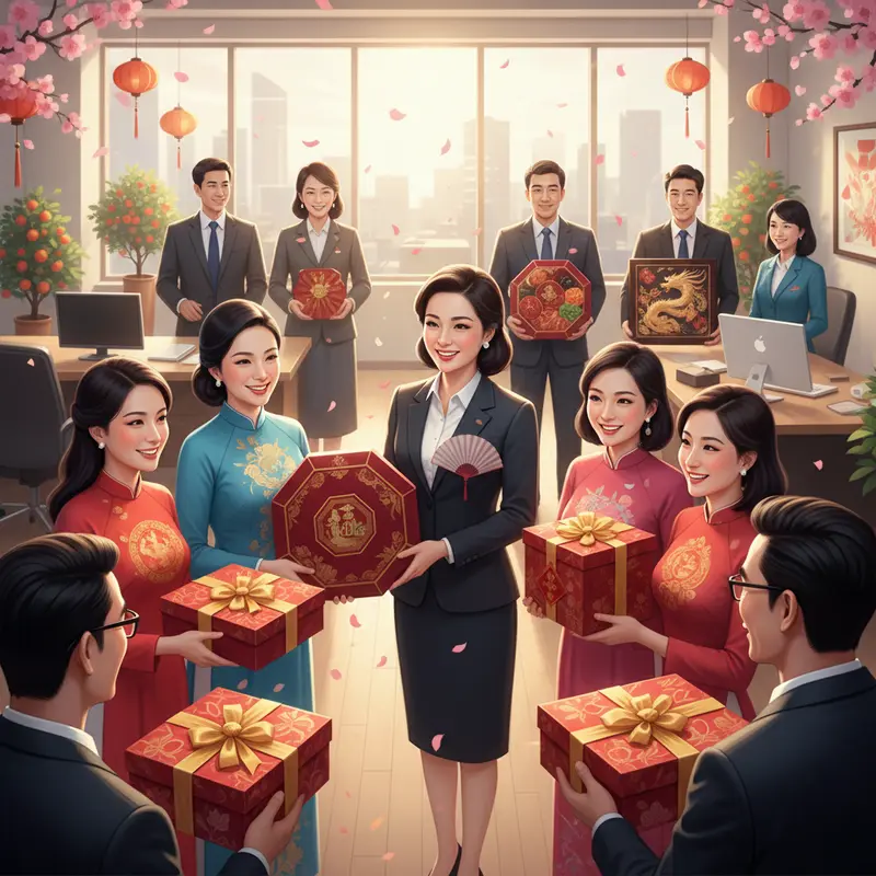 Không gian văn phòng hiện đại với các cấp bậc nhân viên nhận hộp quà Tết đa dạng.