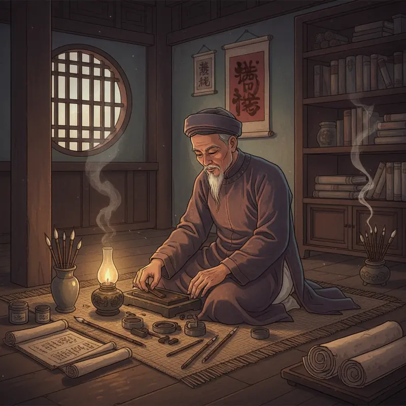 Bàn viết thư pháp truyền thống với giấy đỏ và bút lông trong không khí mùa xuân.