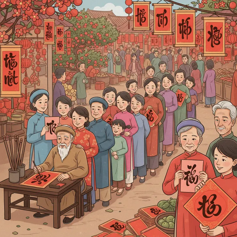 Bàn viết thư pháp truyền thống với giấy đỏ và bút lông trong không khí mùa xuân.