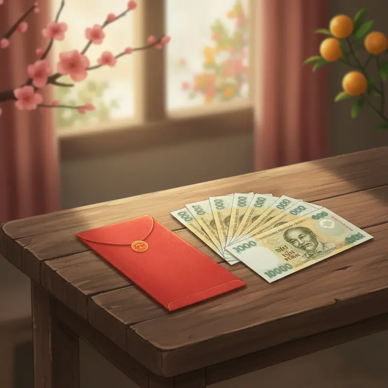 Phòng khách truyền thống ngày Tết, rác được gom lại một góc để giữ lộc.